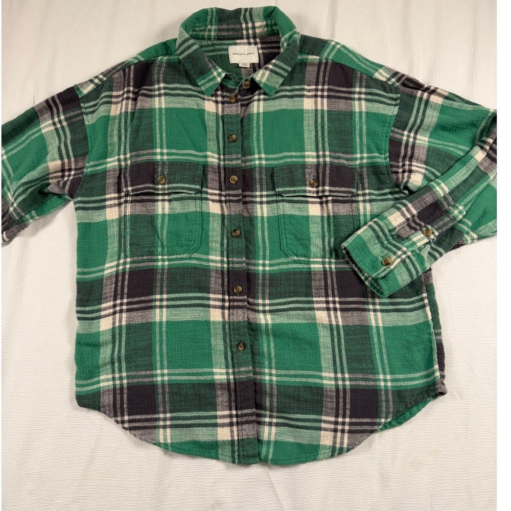 American Eagle Green Plaid Flannel Button Down Womens S Cotton Layering Grunge